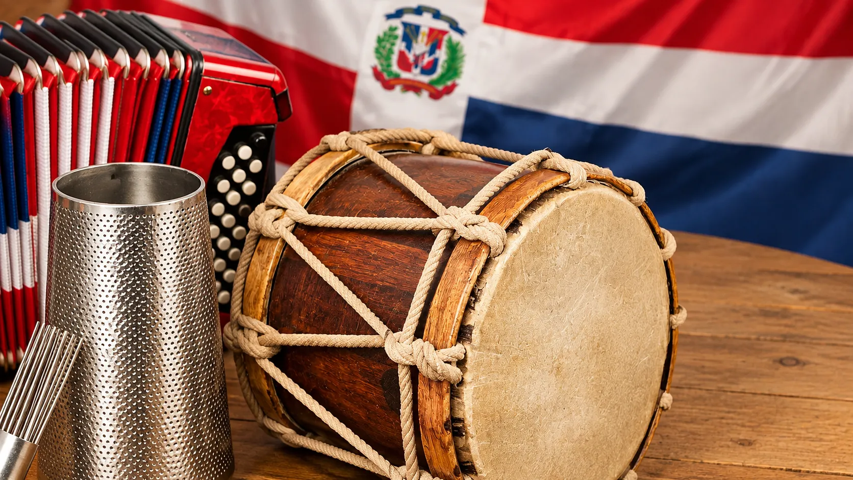 Acordeón rojo, güira metálica y tambora de madera frente a la bandera dominicana.