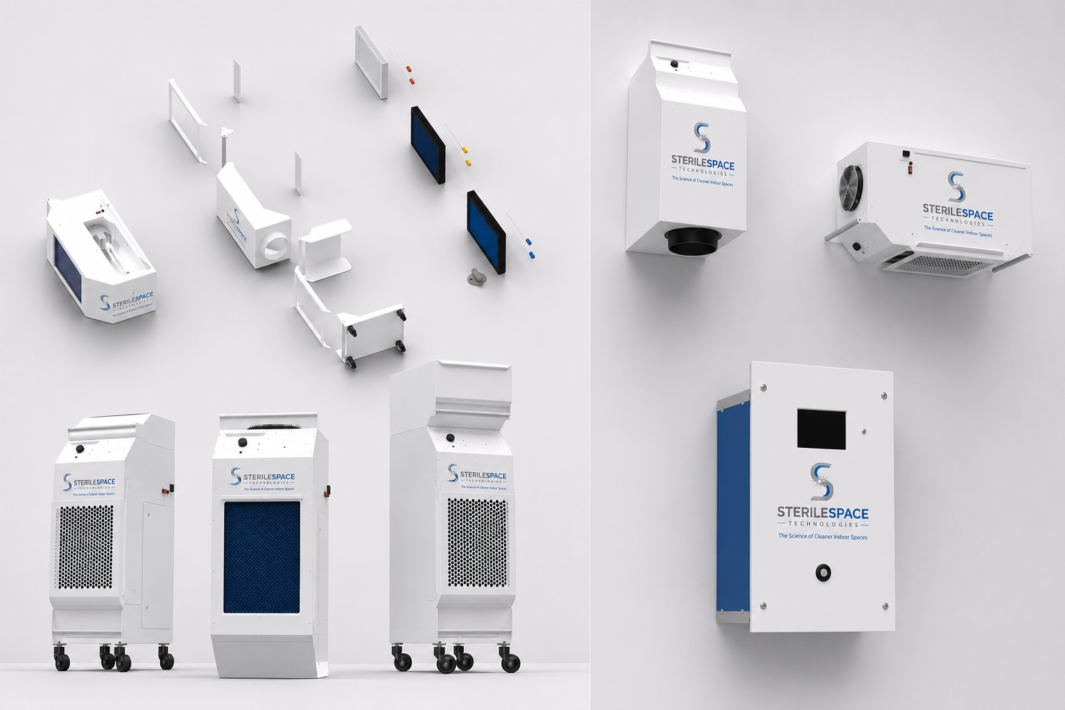 SterileSpace air purification system components arranged in a clean technical studio setting