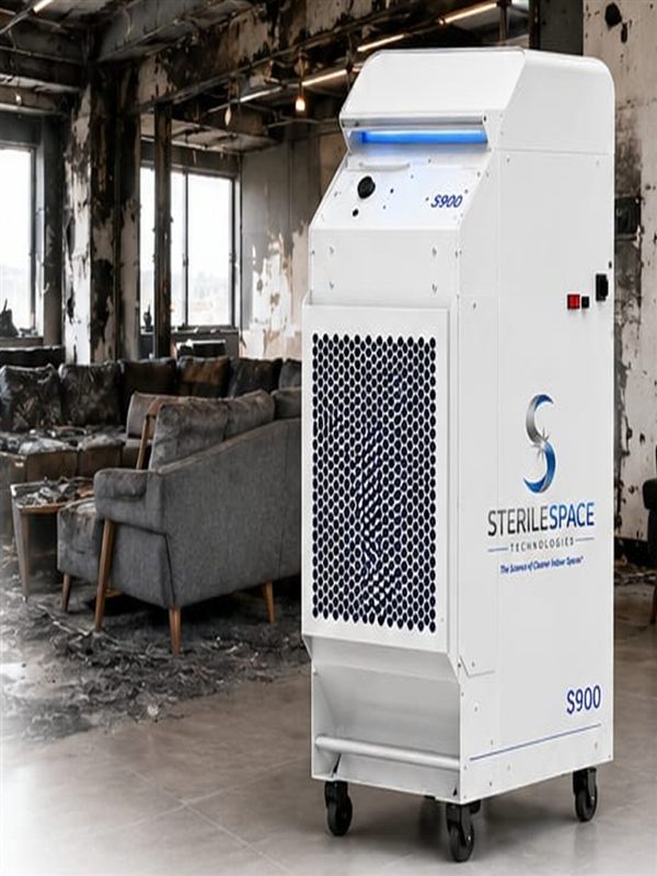 SterileSpace SmokeEater S900 smoke and odour purification system in a smoke-damaged commercial environment