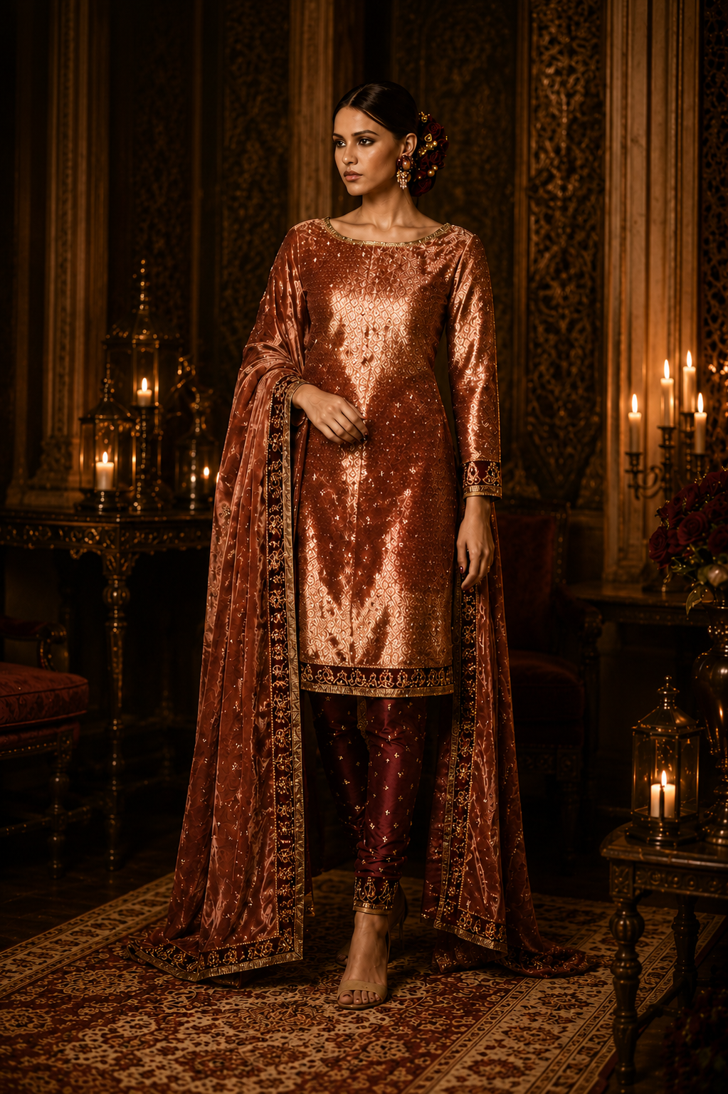 Rose-toned embroidered couture ensemble from Burnished Rose by Alia Qureshi Atelier