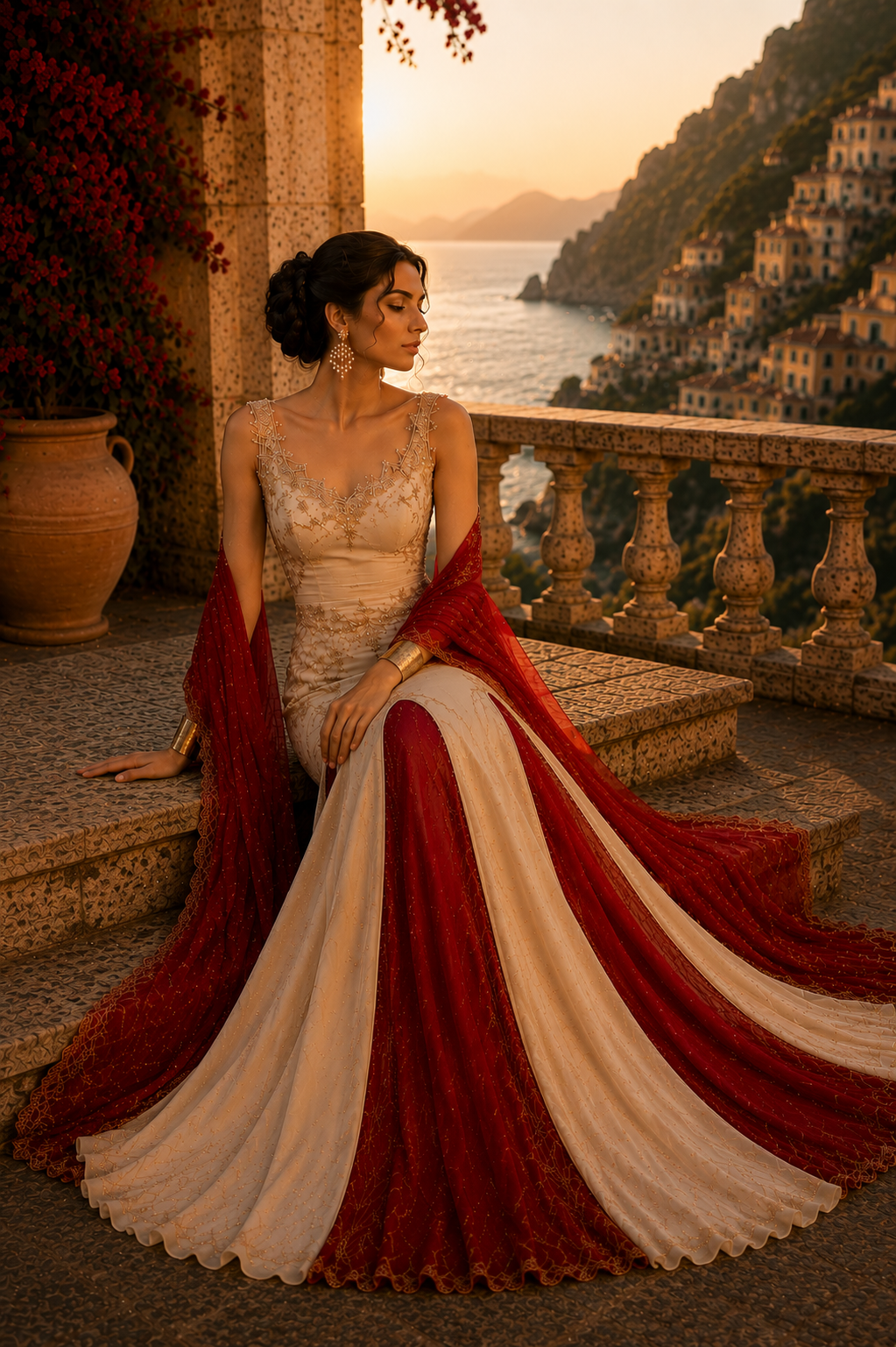 Seated view of blush embellished couture ensemble from Crimson Whisper by Alia Qureshi Atelier