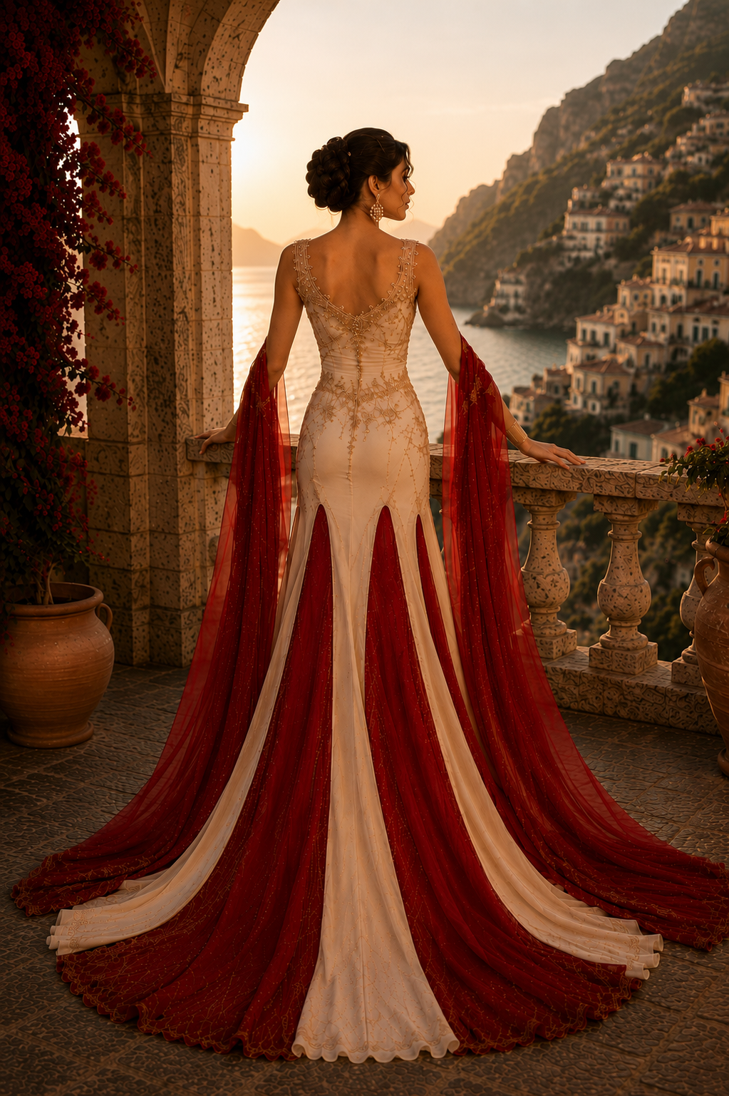 Back view of ivory embroidered bridal gown with flowing crimson drape from Scarlet Reverence by Alia Qureshi Atelier