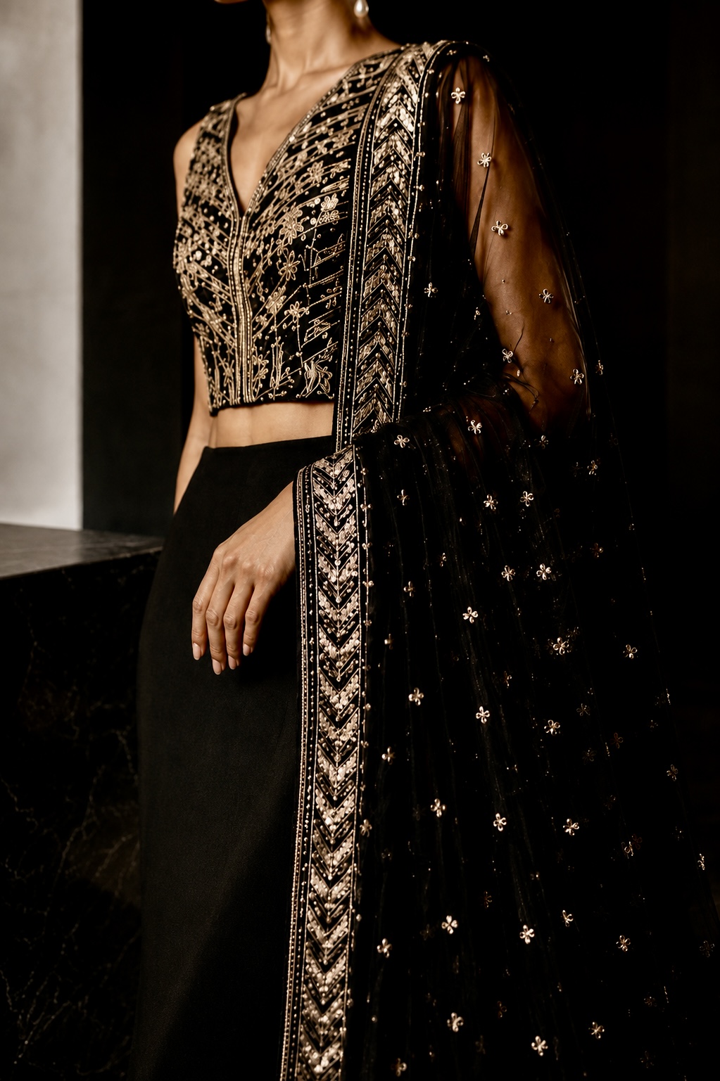 Close-up of embroidered detailing from Modern Noir by Alia Qureshi Atelier