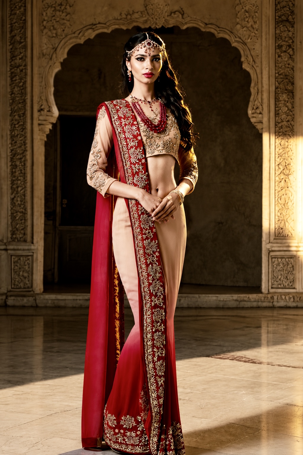 Crimson embroidered couture ensemble from Crimson Legacy by Alia Qureshi Atelier