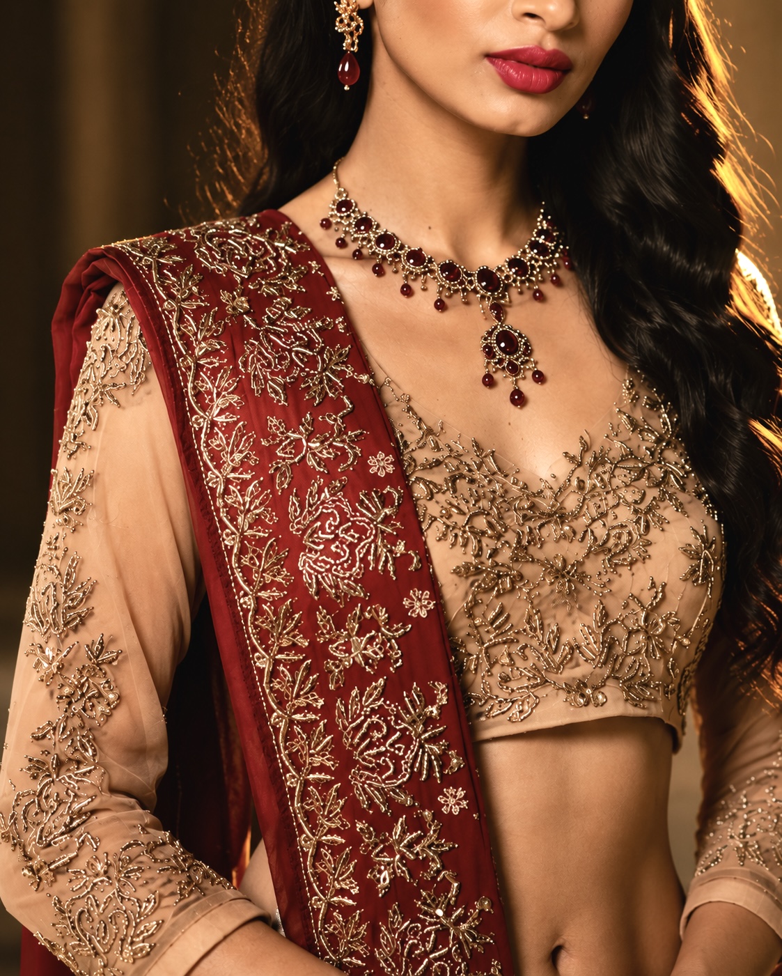 Close-up of intricate beadwork, threadwork and embroidered border from Crimson Legacy by Alia Qureshi Atelier