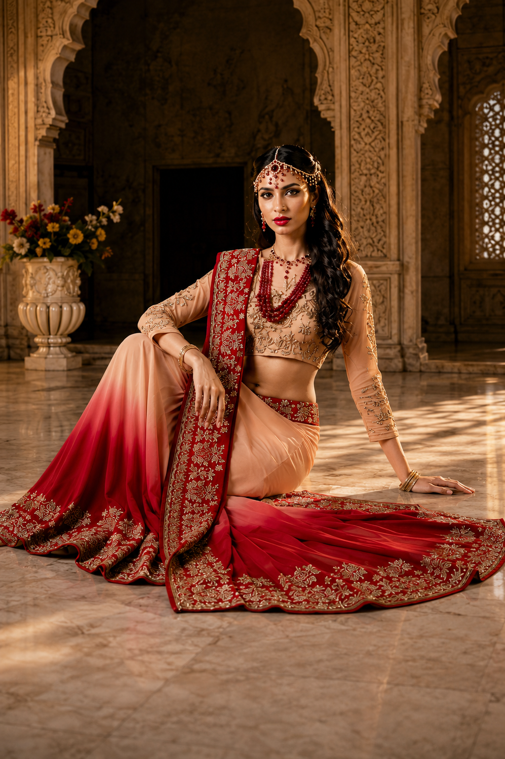 Seated view of richly embroidered crimson bridal ensemble from Crimson Legacy by Alia Qureshi Atelier