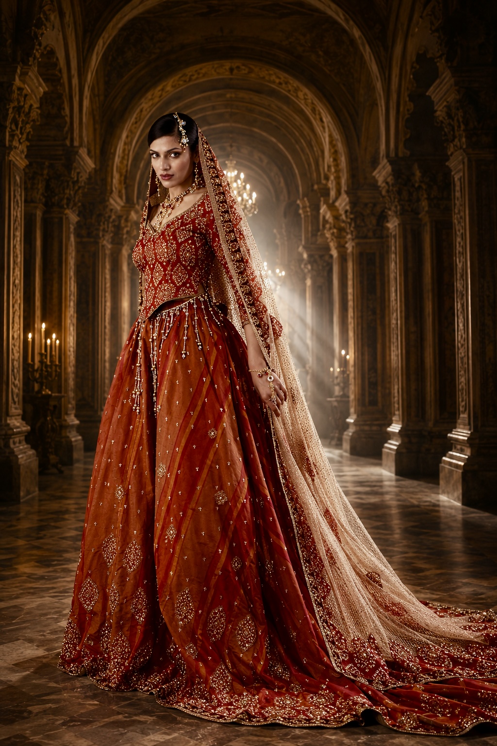 Front view of jewel-toned embroidered bridal ensemble from Azara by Alia Qureshi Atelier