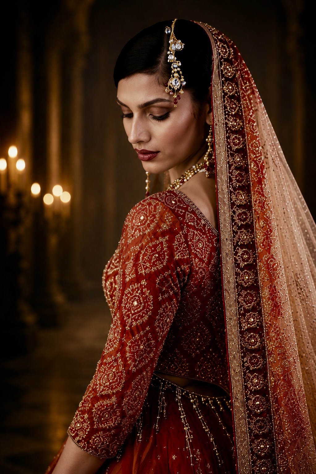 Close-up of hand embroidery, jeweled borders and luminous embellishment from Azara by Alia Qureshi Atelier
