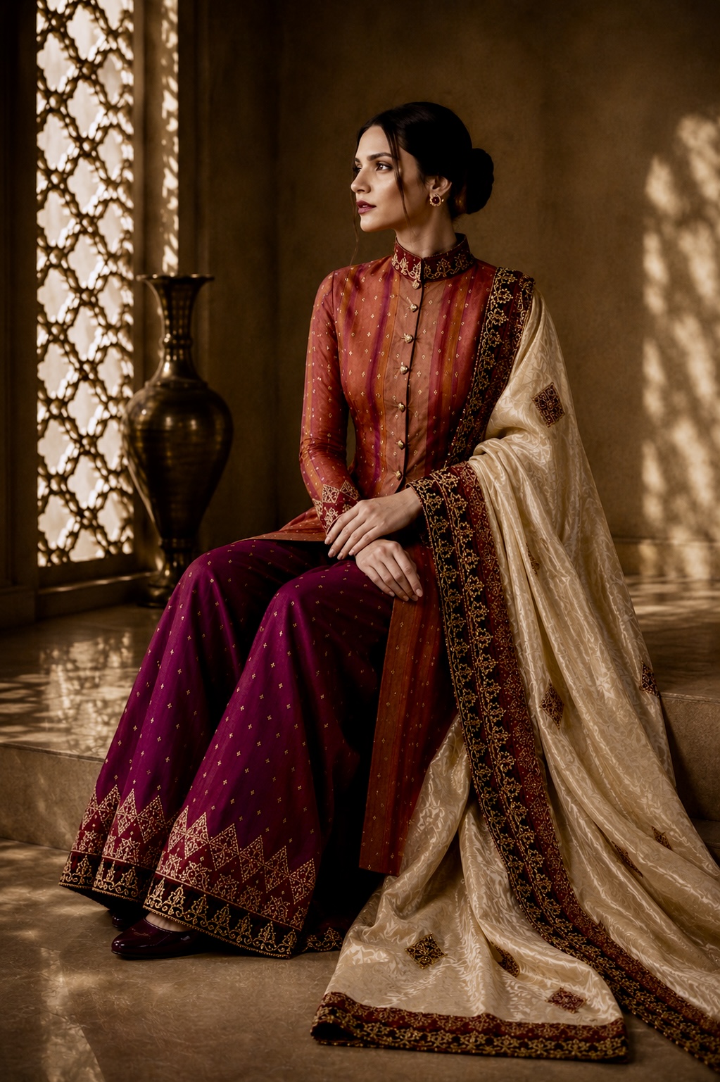 Seated view of metallic embroidered couture ensemble from Dynasty by Alia Qureshi Atelier