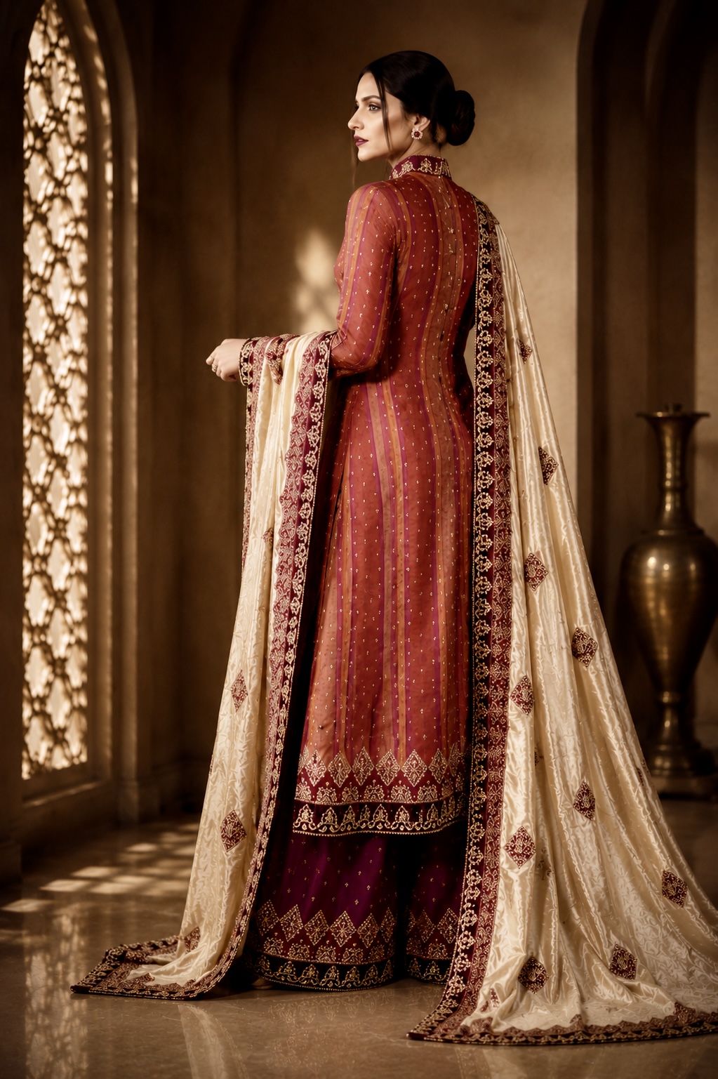 Back view
Back view of embroidered couture ensemble with flowing dupatta from Dynasty by Alia Qureshi Atelier