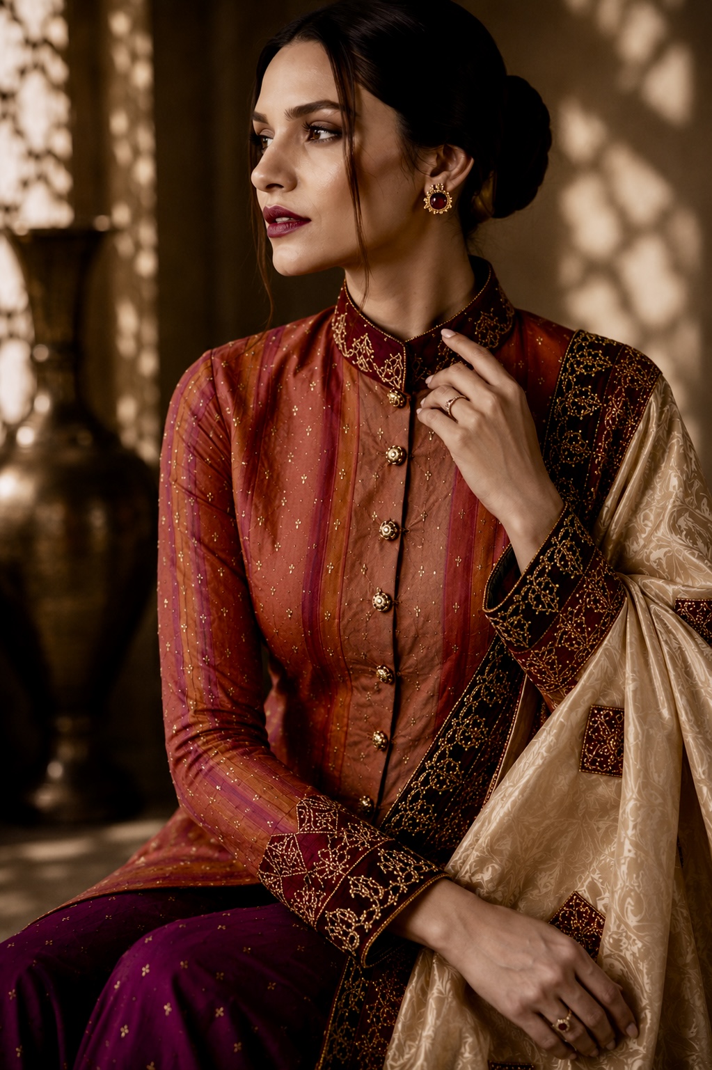 Close-up of metallic geometric embroidery and hand-finished borders from Dynasty by Alia Qureshi Atelier