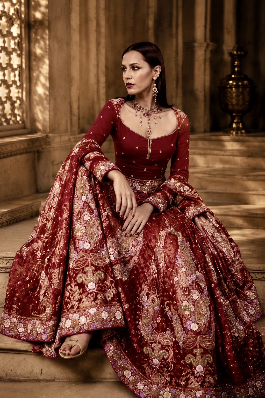 Seated view of richly woven embroidered bridal ensemble from Imperial by Alia Qureshi Atelier