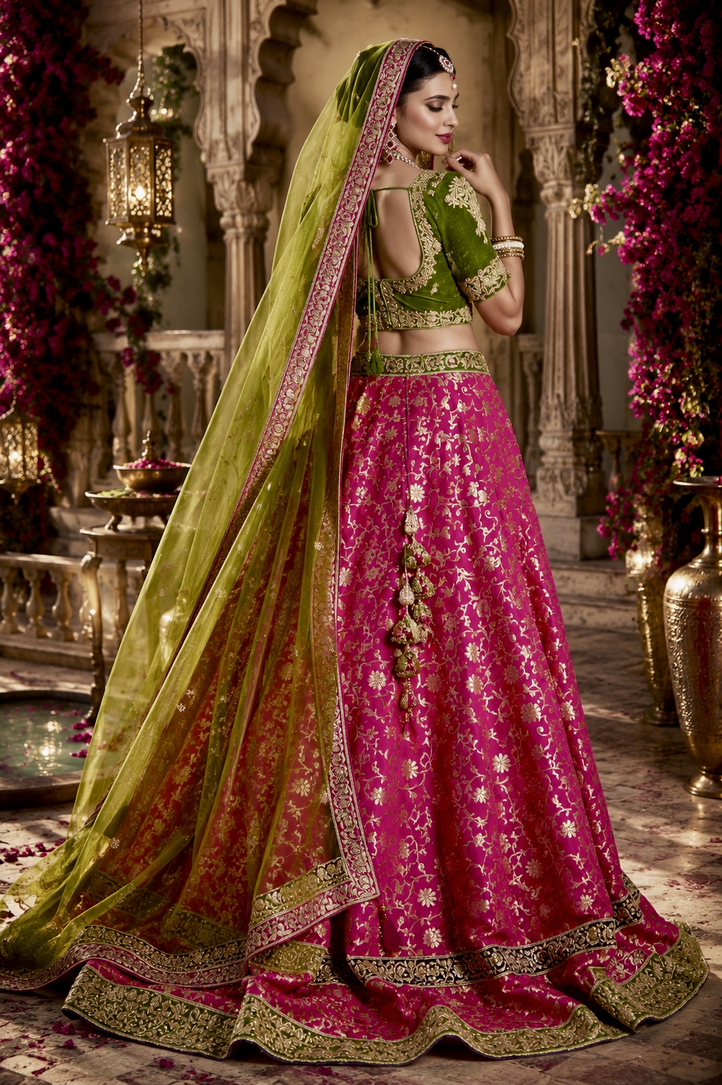 Front view of emerald rose and gold embroidered bridal ensemble from Eternelle by Alia Qureshi Atelier
