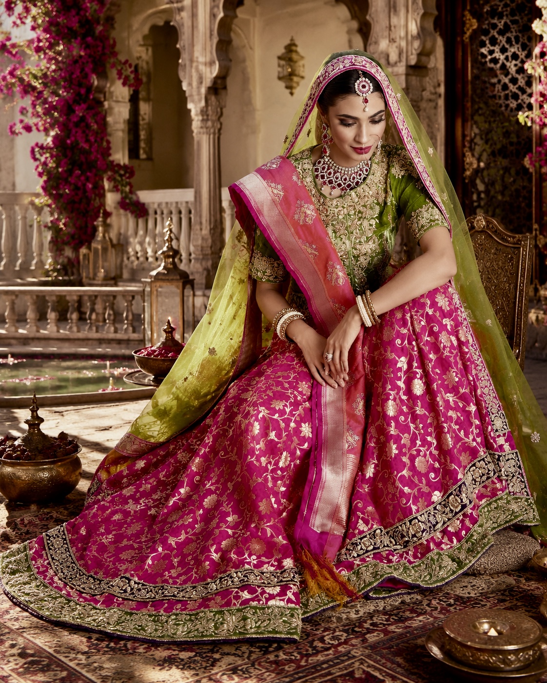 Seated view of jewel-toned embroidered bridal ensemble from Eternelle by Alia Qureshi Atelier