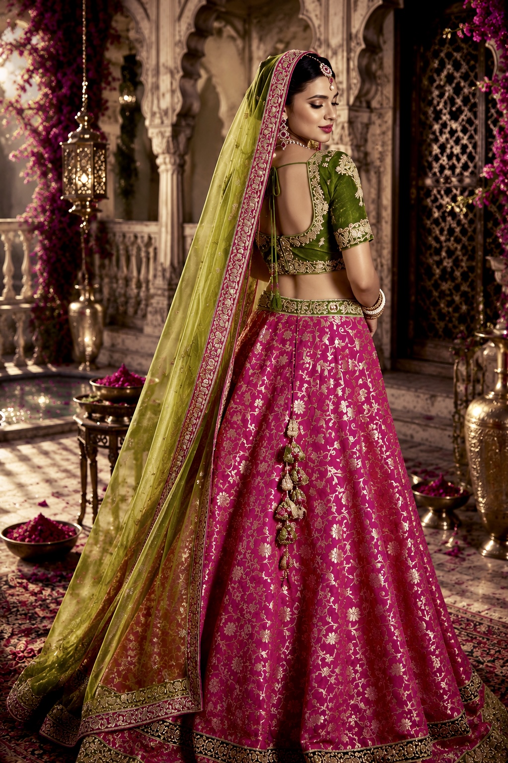 Magenta and Olive green bridal couture gown with intricate embellishment from Eternelle by Alia Qureshi Atelier