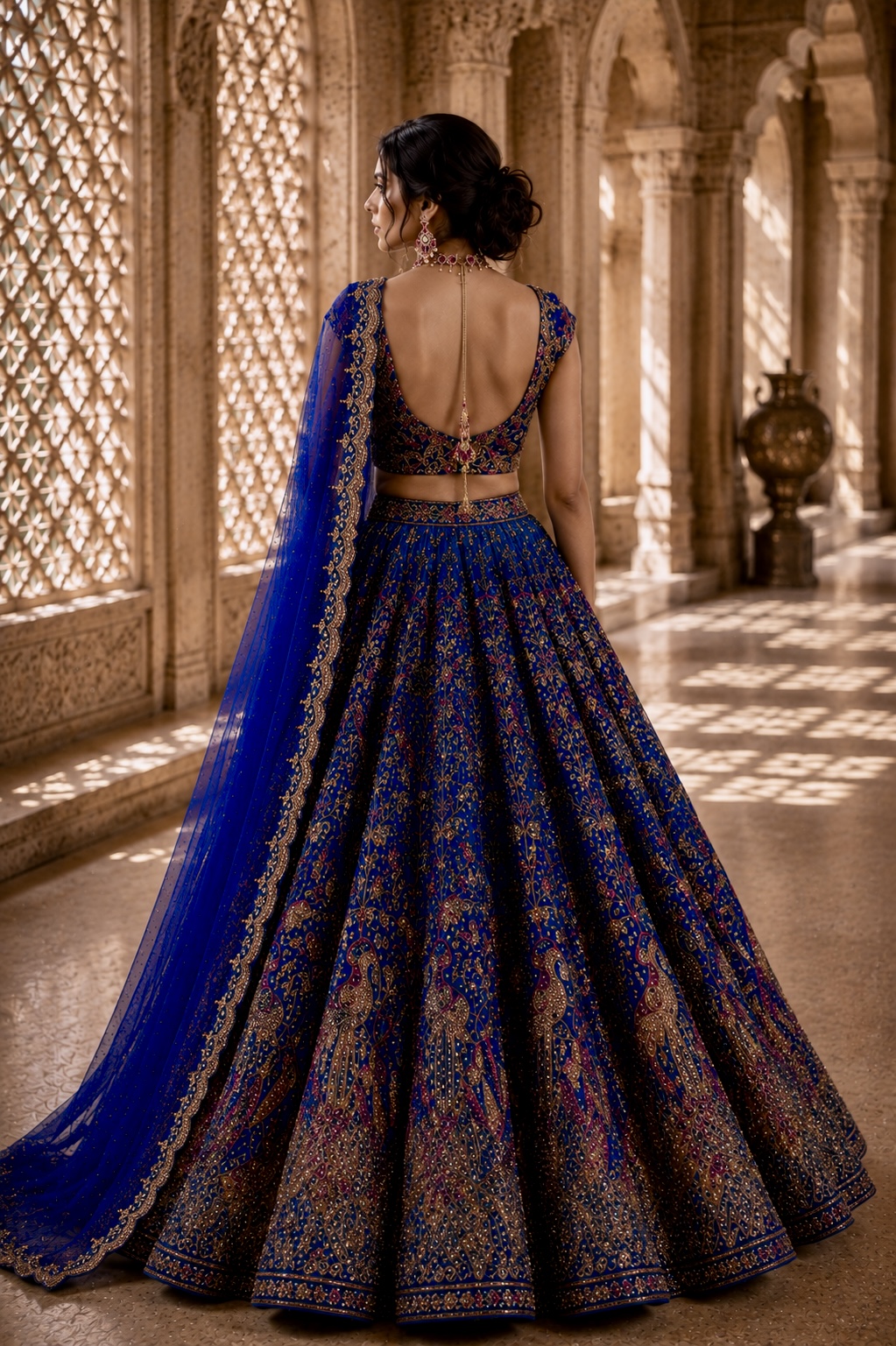 Back view of cobalt blue embroidered bridal ensemble with deep back detailing from Aviary by Alia Qureshi Atelier