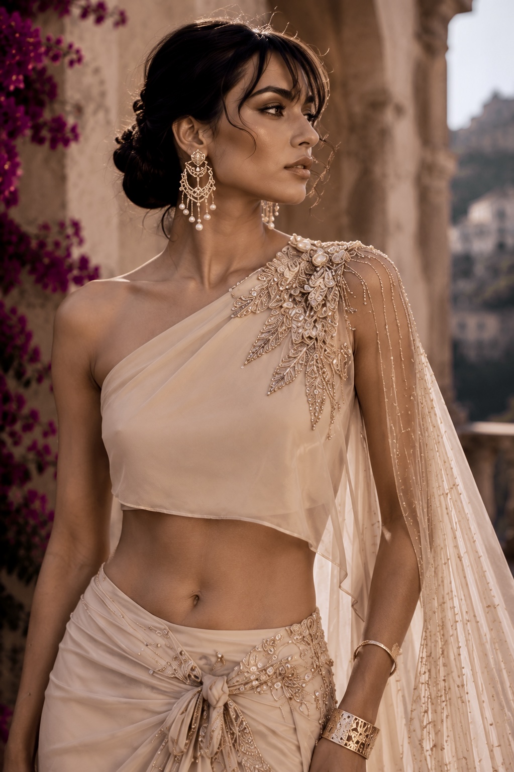Close-up of embroidered shoulder detailing on ivory chiffon from Ethereal Ascent by Alia Qureshi Atelier