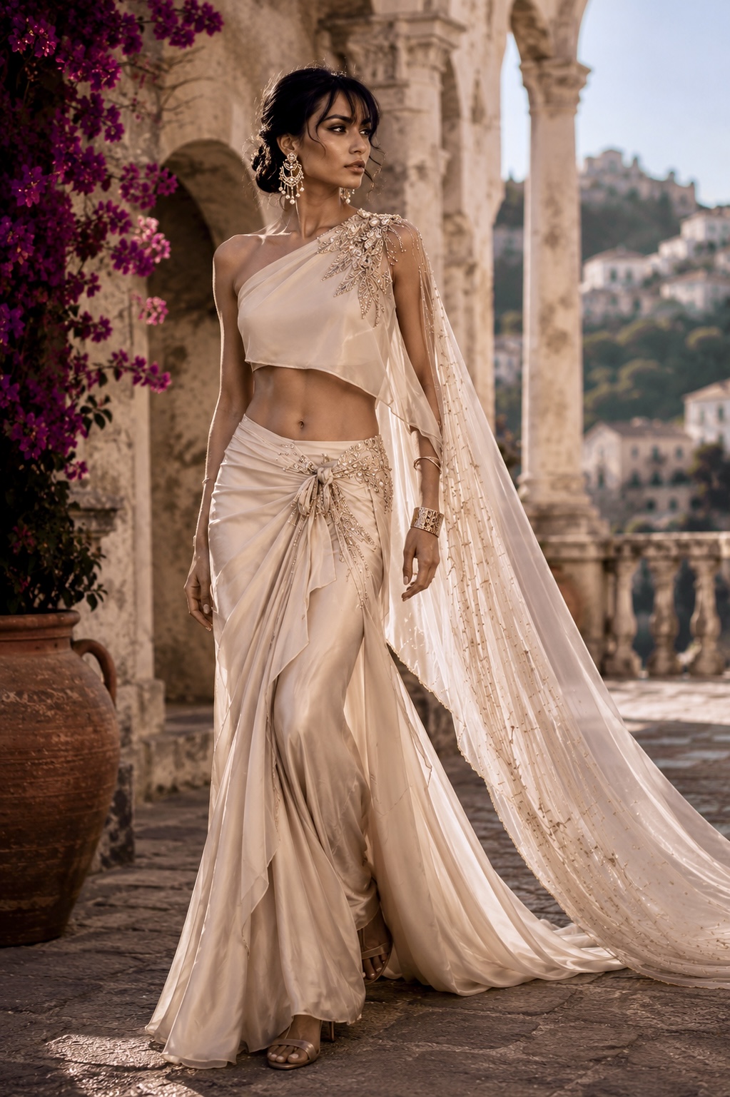 Front view of ivory asymmetrical chiffon couture ensemble from Ethereal Ascent by Alia Qureshi Atelier