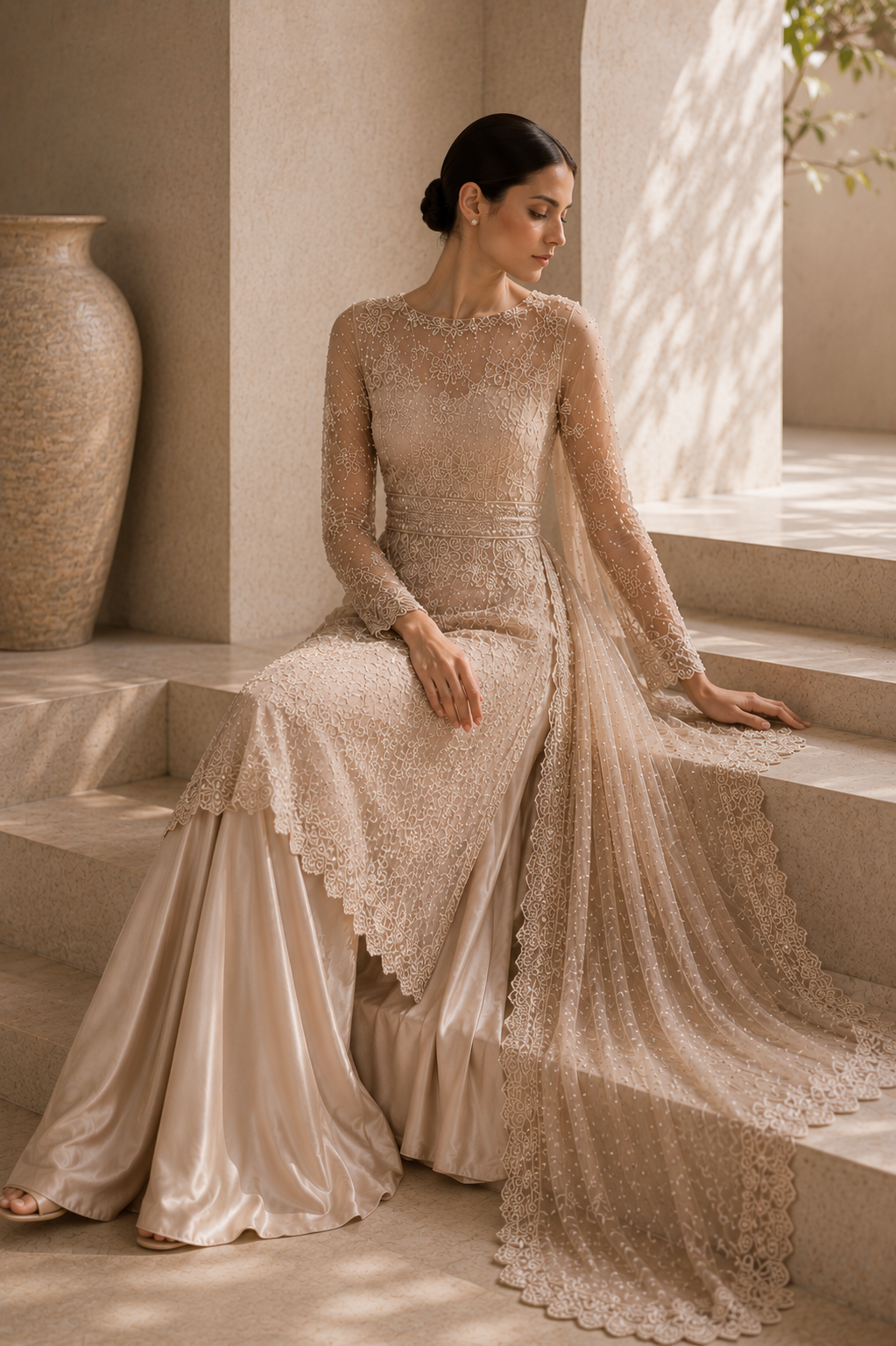 Seated view of ivory lace couture ensemble from Whisper Lace by Alia Qureshi Atelier