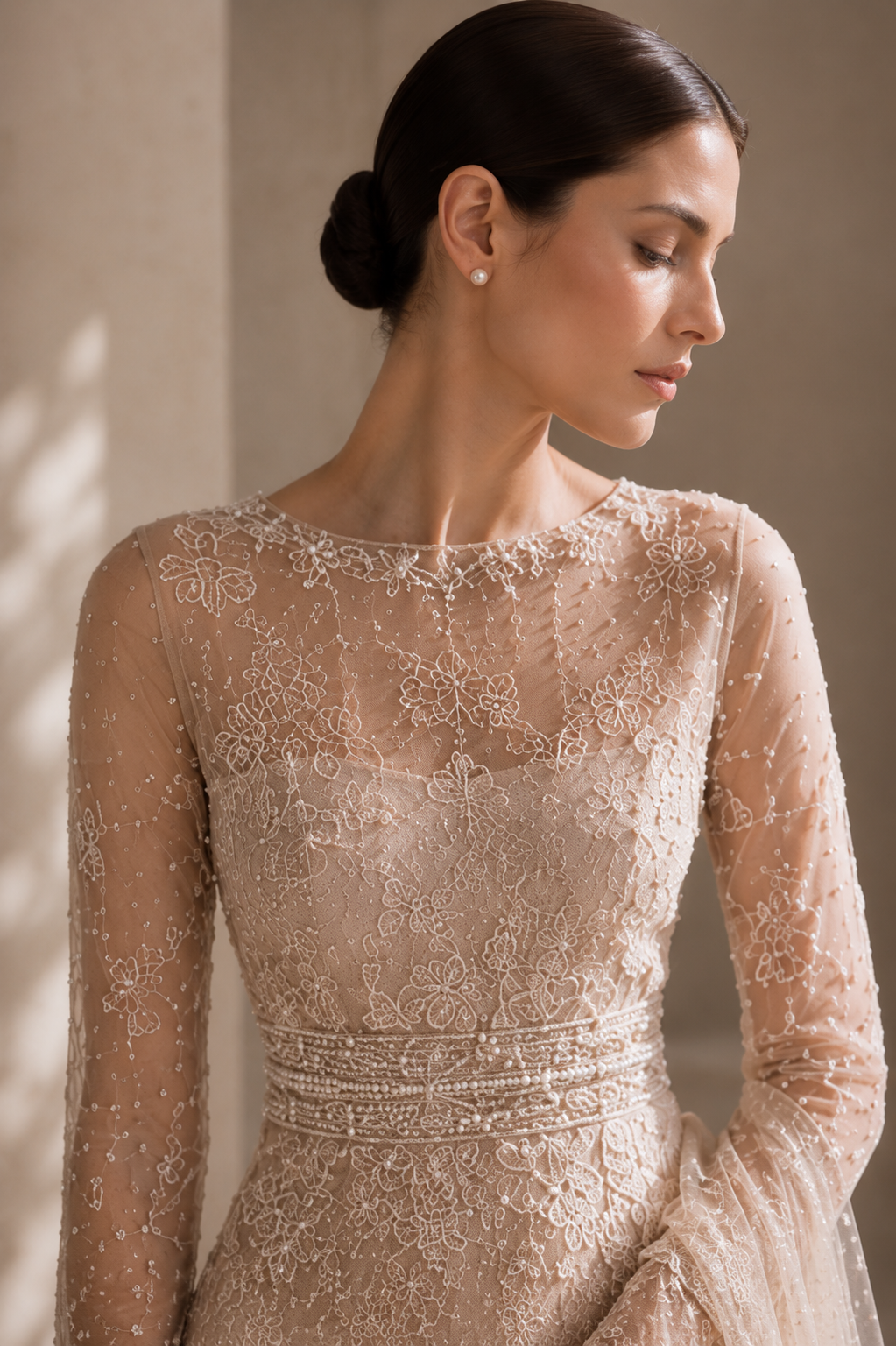Close-up of floral lace, pearl and beadwork detailing from Whisper Lace by Alia Qureshi Atelier