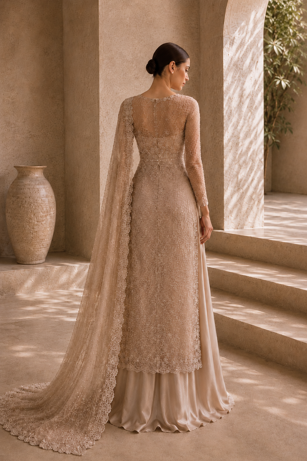 Back view of ivory lace couture ensemble with sheer dupatta from Whisper Lace by Alia Qureshi Atelier