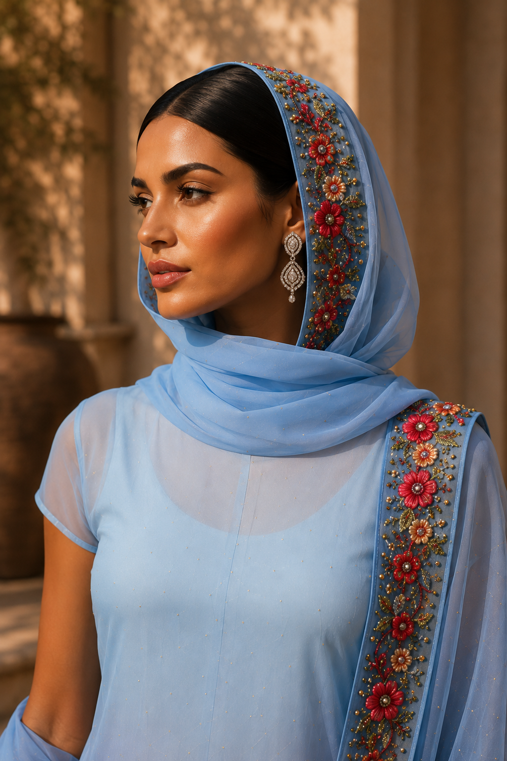 Close-up of floral embroidery and beadwork on blue chiffon from Azure Veil by Alia Qureshi Atelier