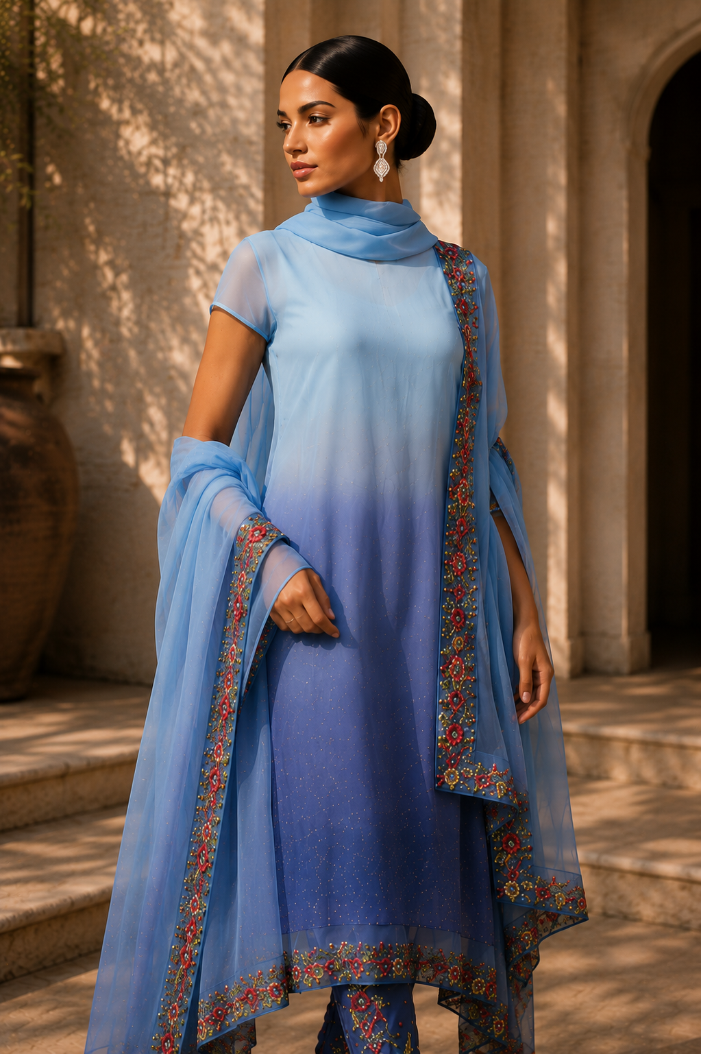 Seated view of blue ombré chiffon embroidered couture ensemble from Azure Veil by Alia Qureshi Atelier