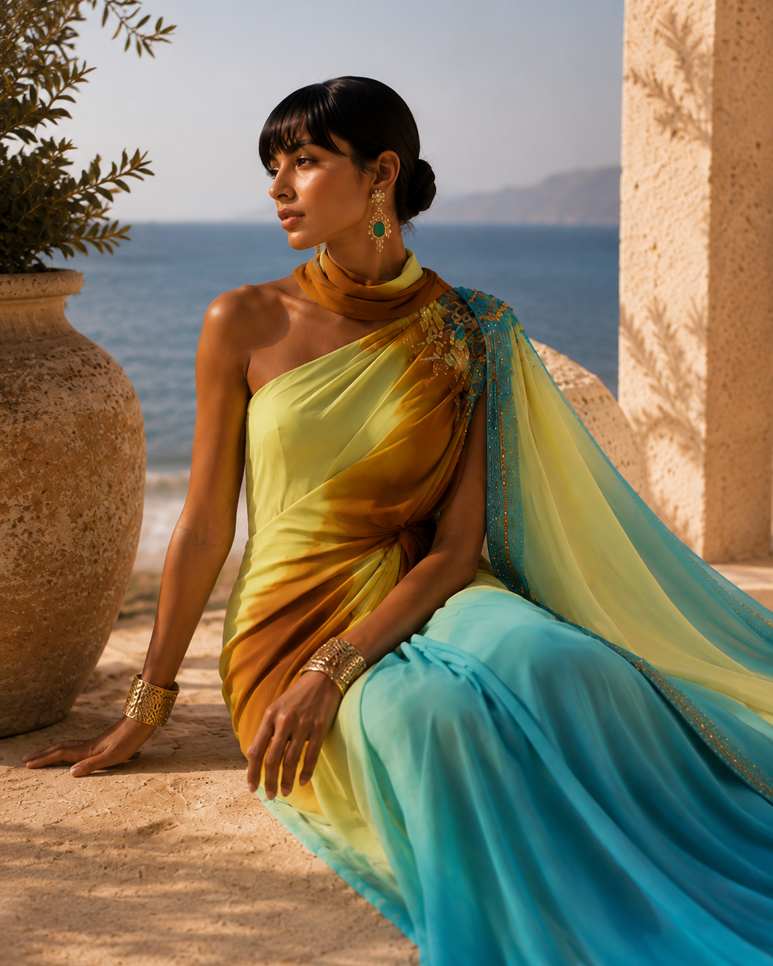 Seated view of multicolored draped couture ensemble from Azure Mirage by Alia Qureshi Atelier