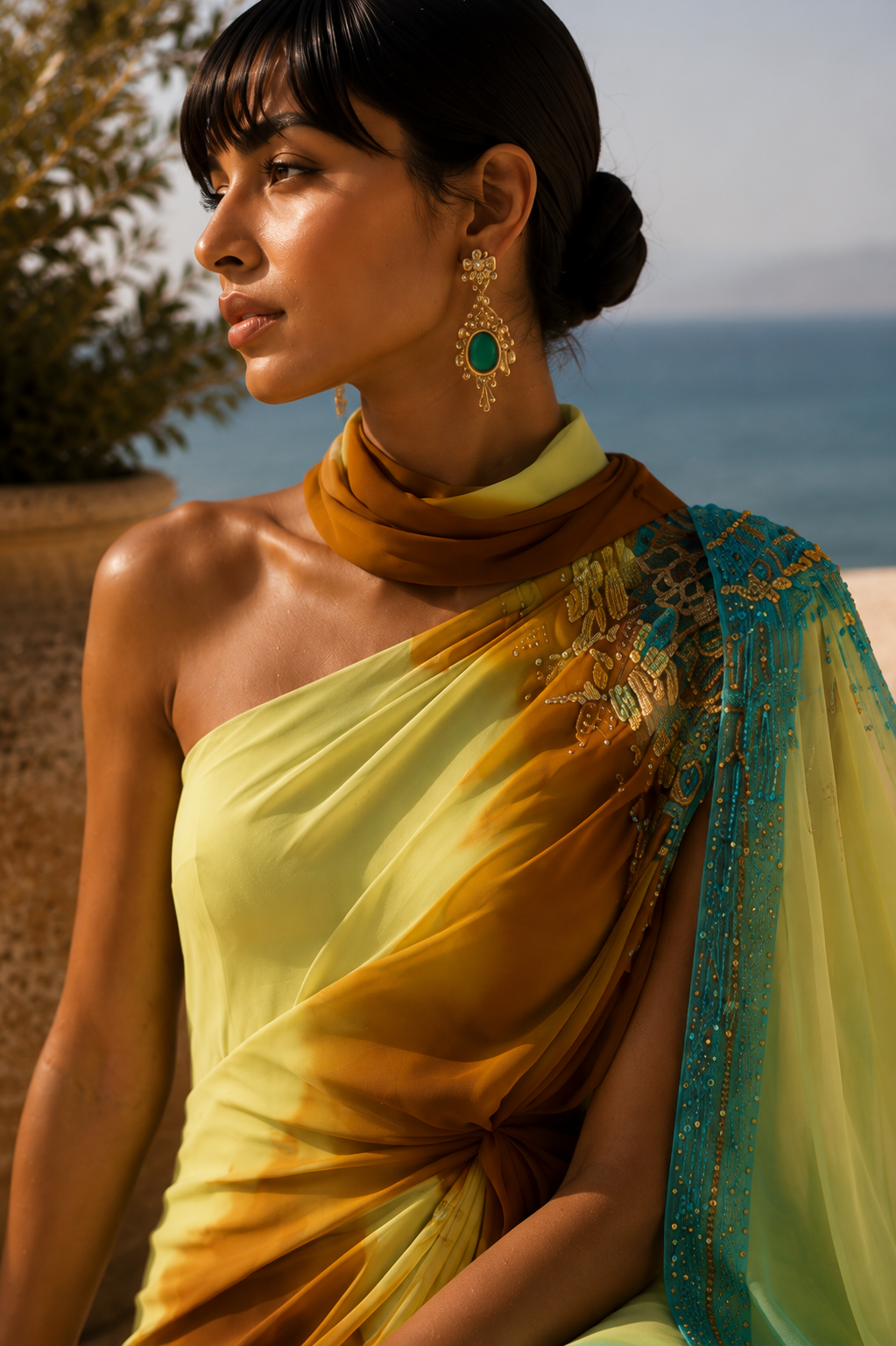 Close-up of floral embroidery, crystals and beadwork from Azure Mirage by Alia Qureshi Atelier