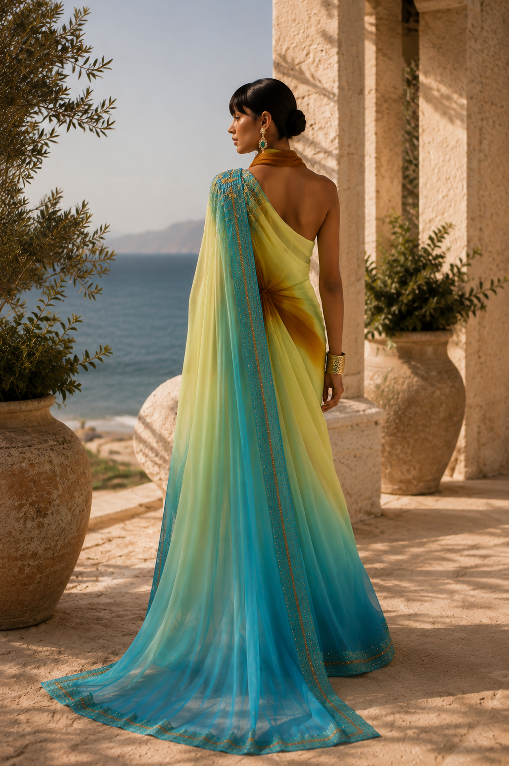 Back view of multicolored draped couture ensemble with flowing cape from Azure Mirage by Alia Qureshi Atelier
