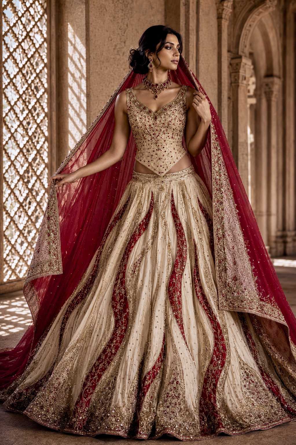 Crimson embroidered couture ensemble from Crimson Heirloom by Alia Qureshi Atelier