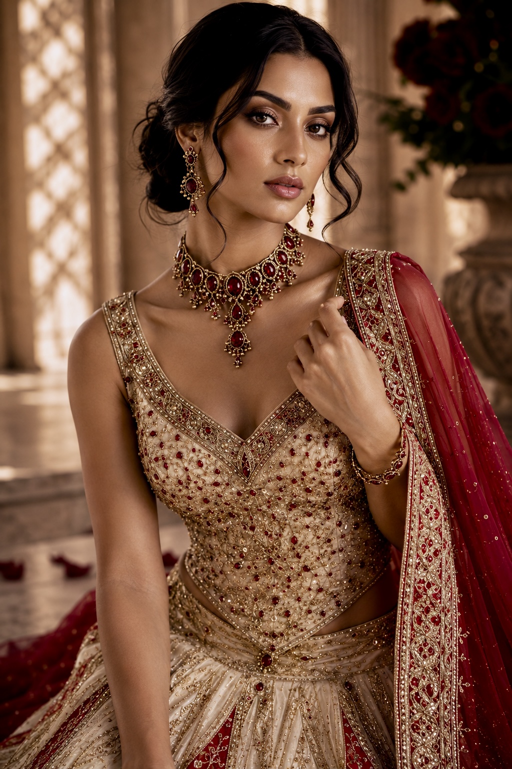 Close-up of metallic embroidery, ruby-toned stones and beadwork from Crimson Heirloom by Alia Qureshi Atelier