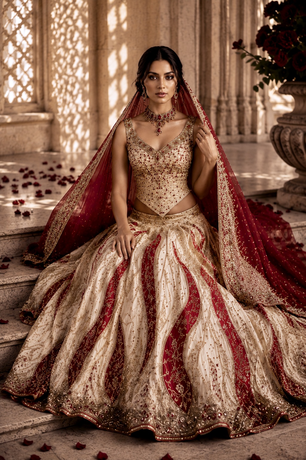 Seated view of ivory and crimson embroidered bridal gown from Crimson Heirloom by Alia Qureshi Atelier
