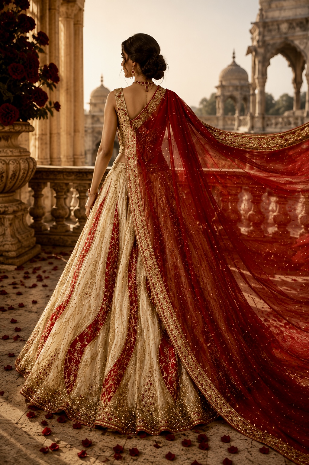 Back view of ivory and crimson bridal gown with cathedral-length veil from Crimson Heirloom by Alia Qureshi Atelier