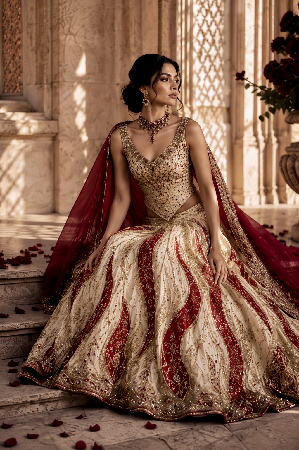 Seated view of ivory and crimson embroidered bridal gown from Crimson Heirloom by Alia Qureshi Atelier