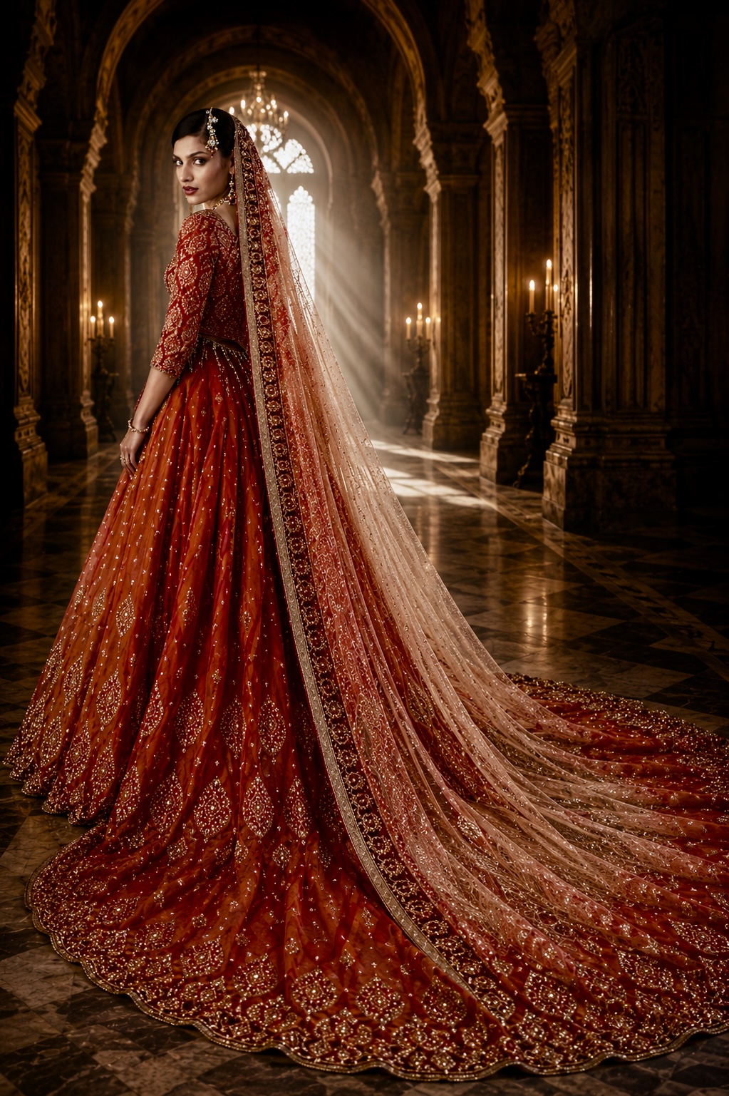 Front view of jewel-toned embroidered bridal ensemble from Azara by Alia Qureshi Atelier
