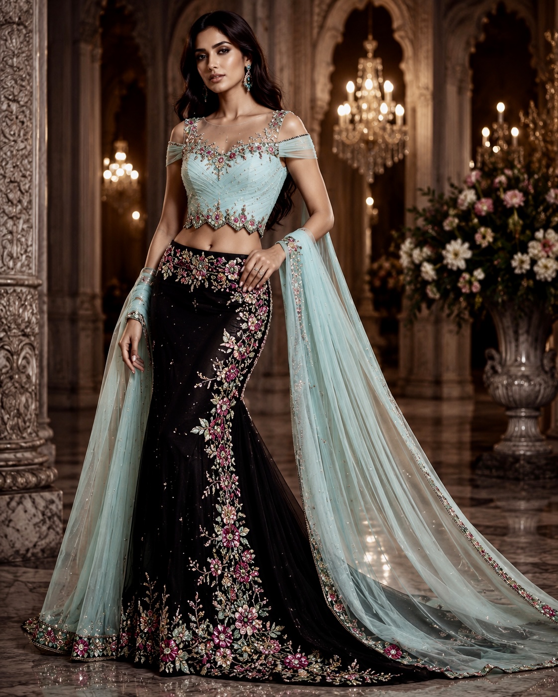Embroidered couture ensemble with floral detailing from Celestial Bloom by Alia Qureshi Atelier
