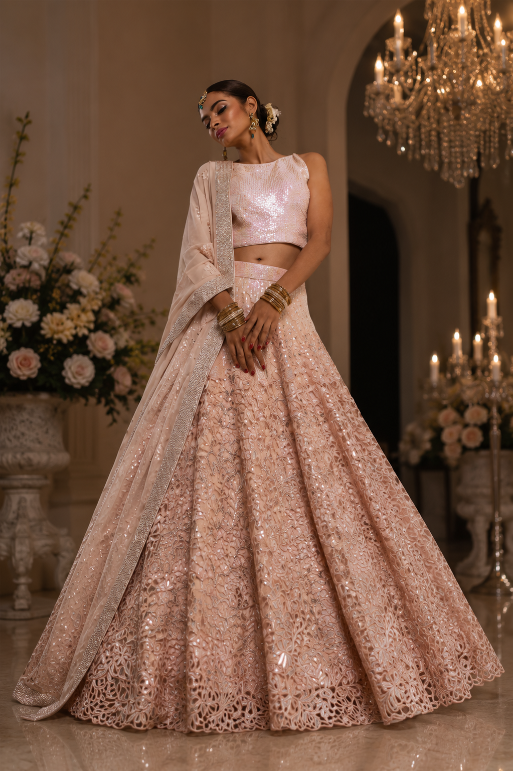 Front view of blush sequined and embroidered bridal lehenga from Moonlit Blush by Alia Qureshi Atelier