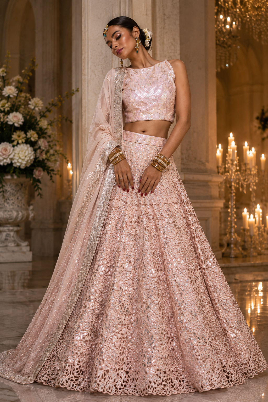 Blush pink embellished bridal lehenga from Moonlit Blush by Alia Qureshi Atelier