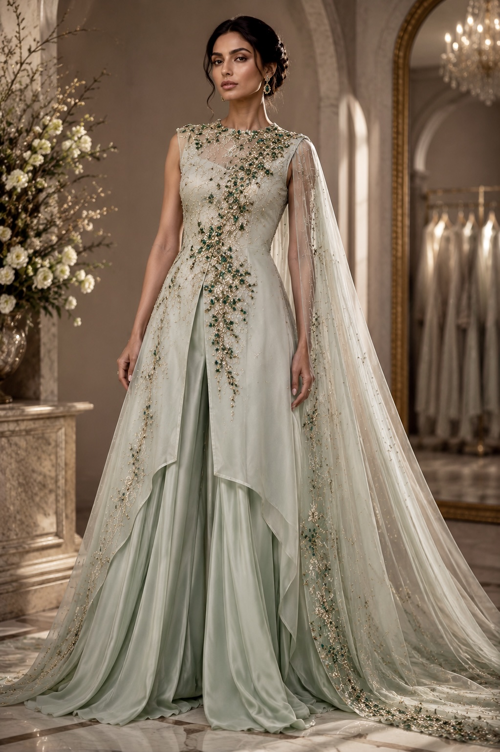 Verdant Reverie 050: Soft green embellished couture gown from Verdant Reverie by Alia Qureshi Atelier