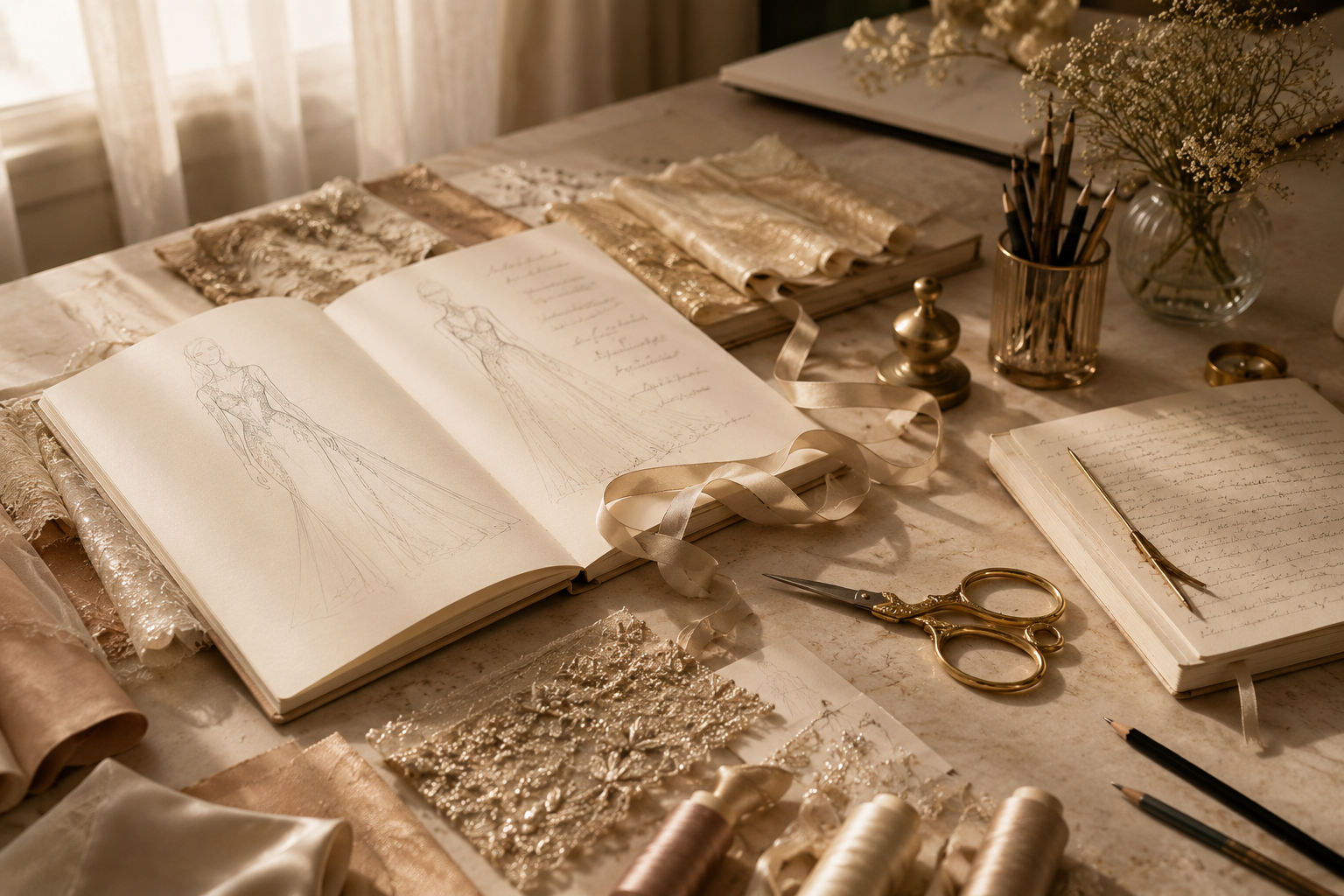 Couture fabrics, embroidery and design tools arranged for a bespoke consultation at Alia Qureshi Atelier