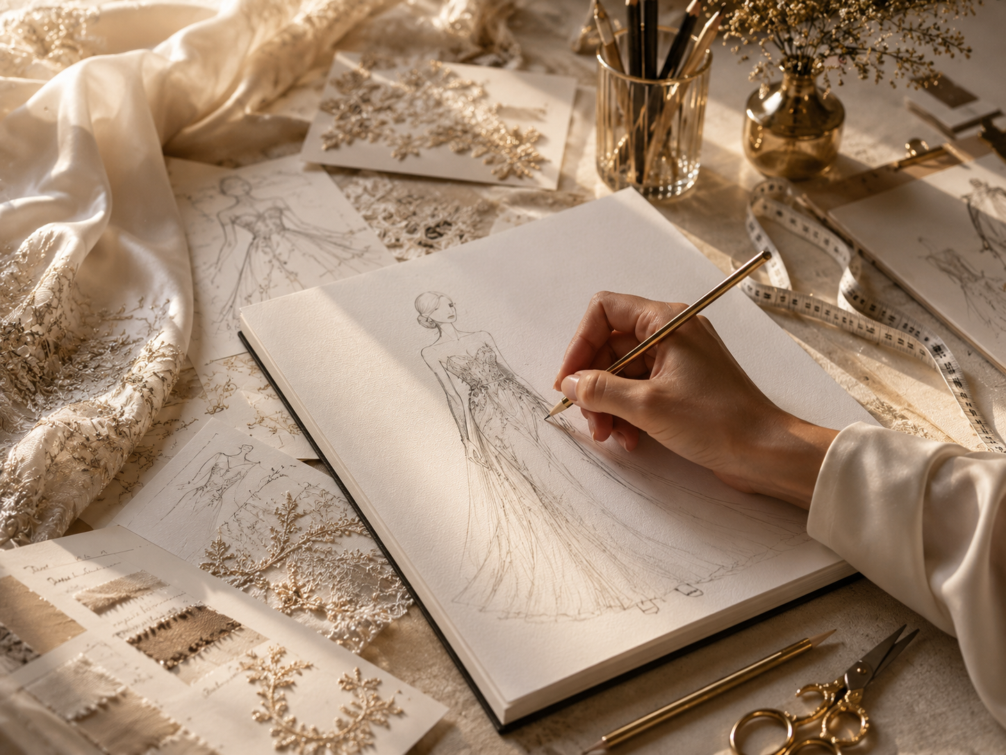 Fashion sketch being drawn during the bespoke design process at Alia Qureshi Atelier