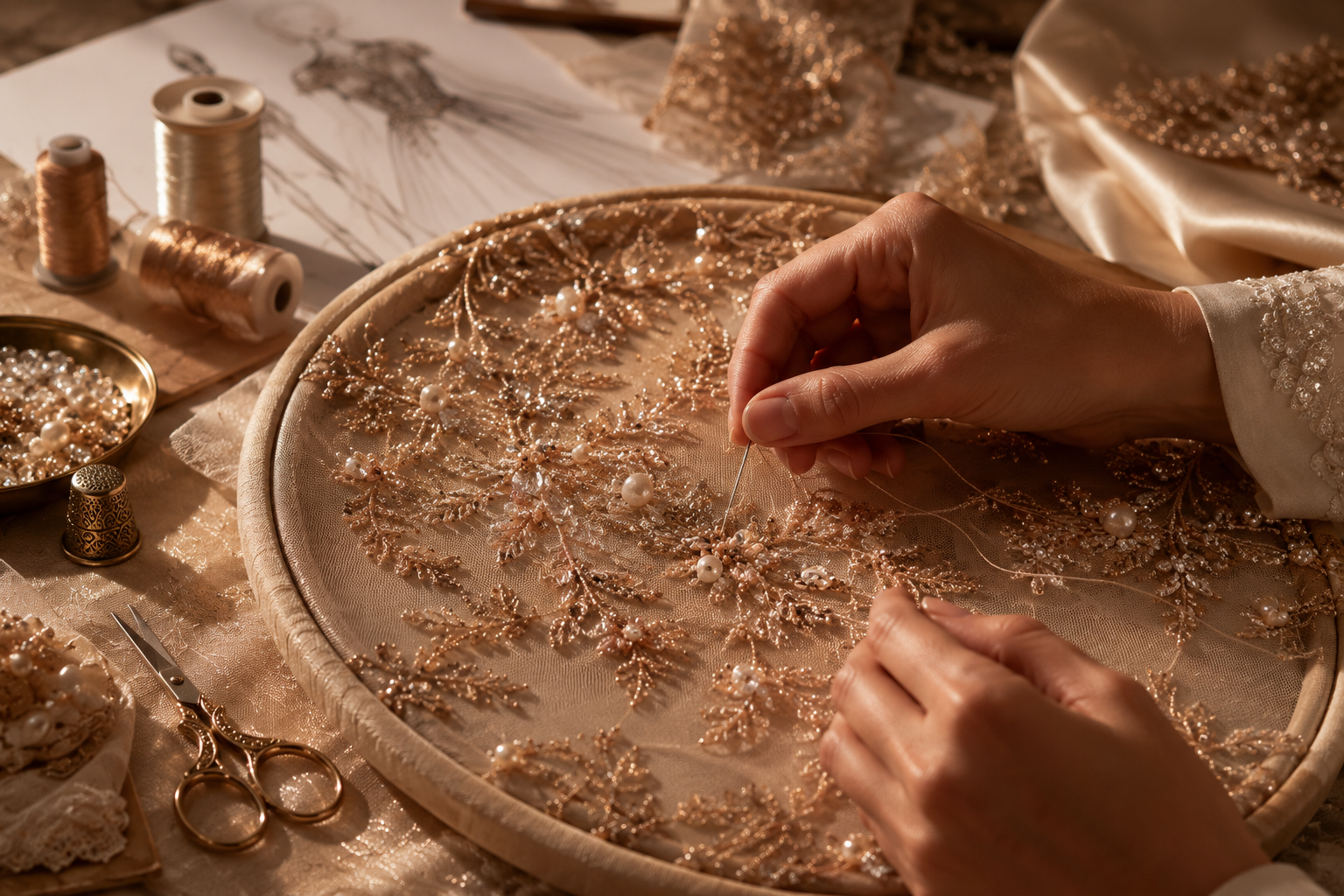 Intricate couture embroidery being handcrafted at Alia Qureshi Atelier