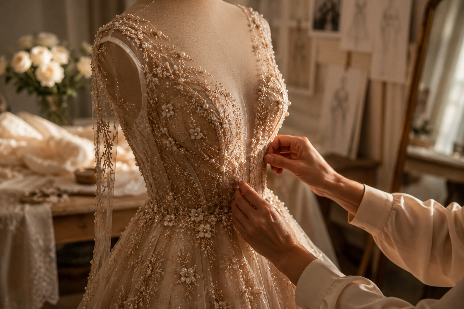 Embellished couture garment being refined by hand during the fitting process at Alia Qureshi Atelier