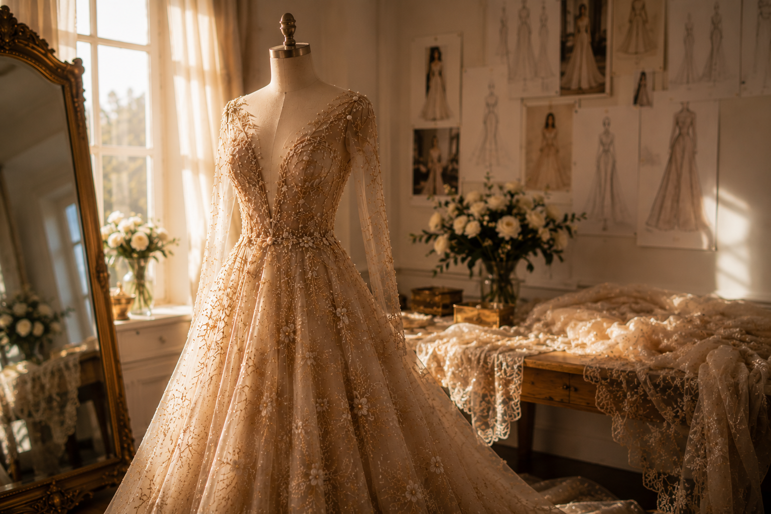 Finished embellished couture creation displayed in the Alia Qureshi Atelier