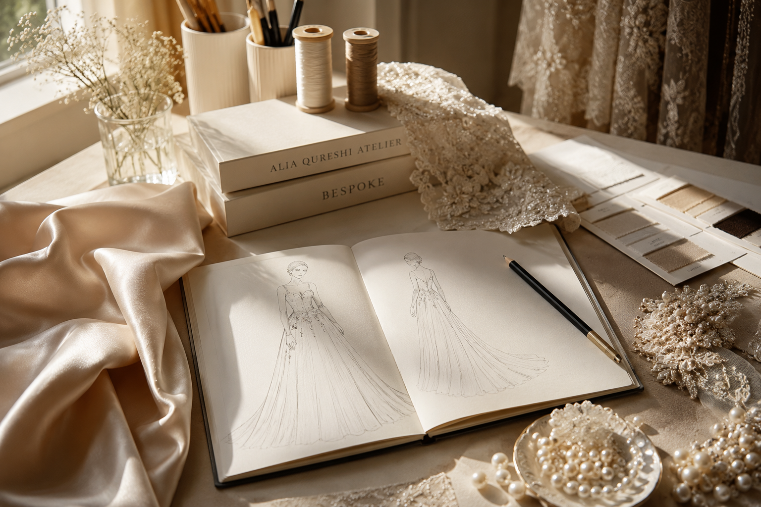 Couture sketchbook, fabrics and embellishments representing the bespoke design process at Alia Qureshi Atelier