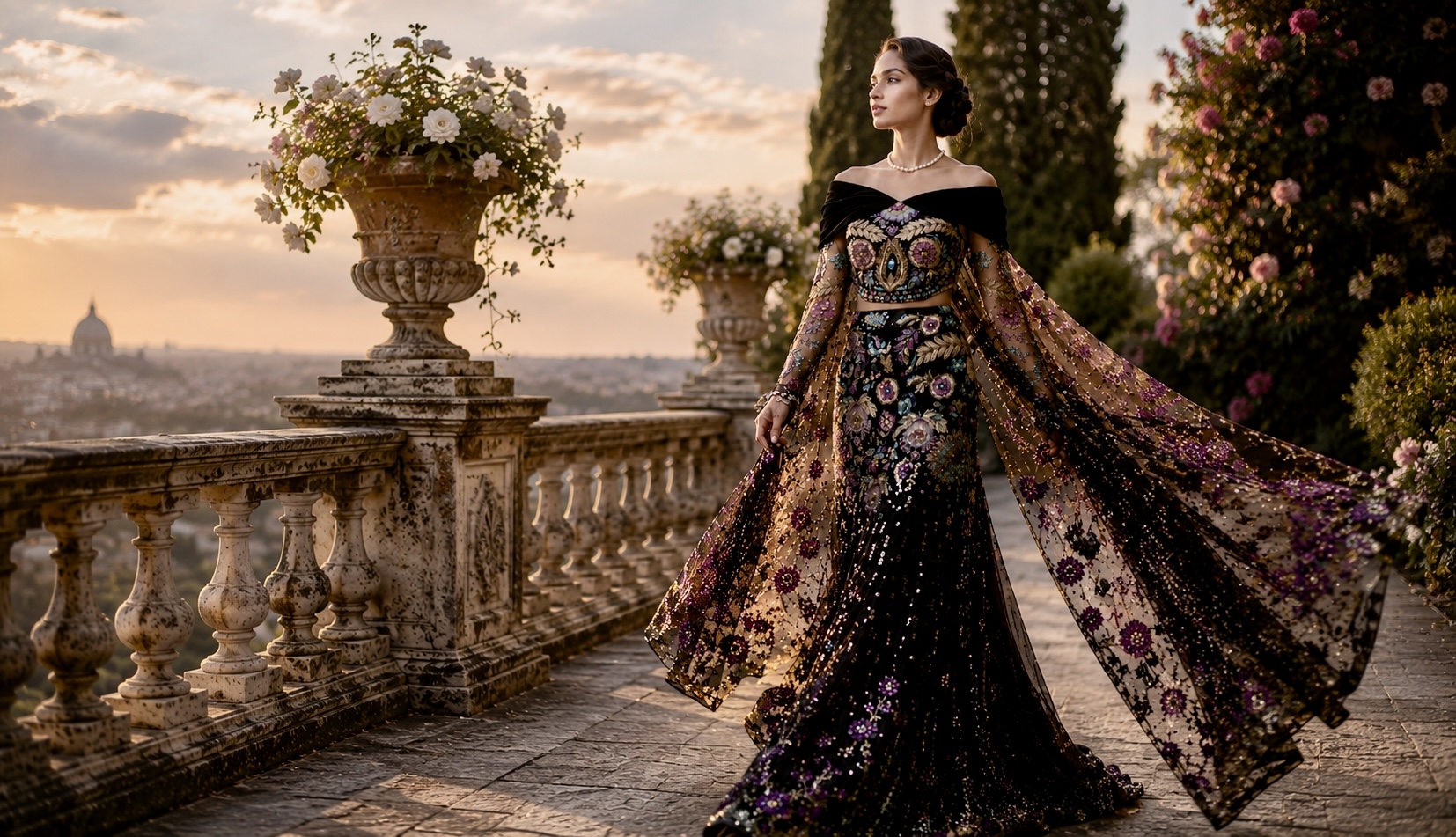 Model wearing black floral embroidered couture from The Living Collection by Alia Qureshi Atelier
