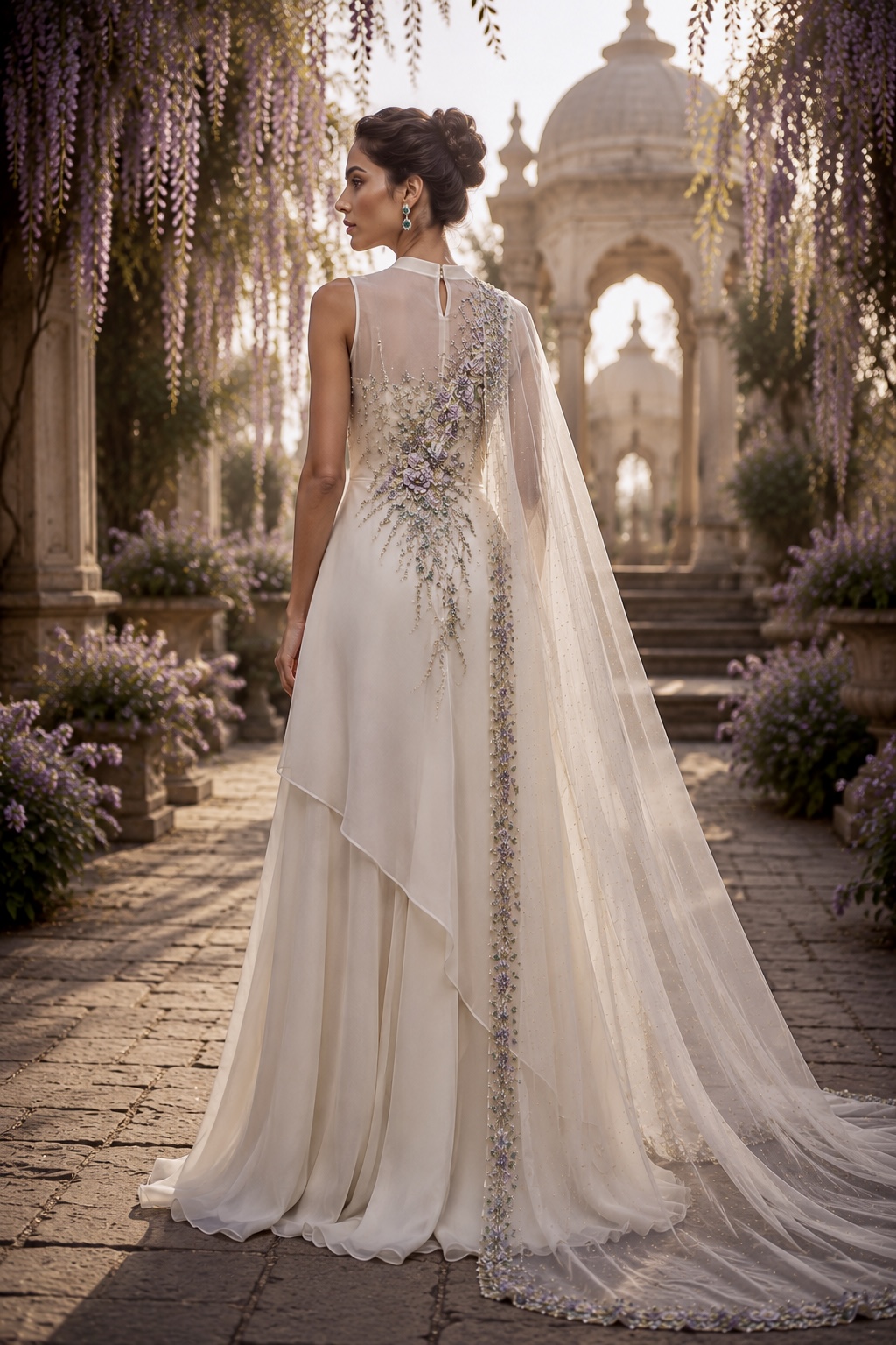 Back view of ivory and antique gold draped couture ensemble from Vestara by Alia Qureshi Atelier