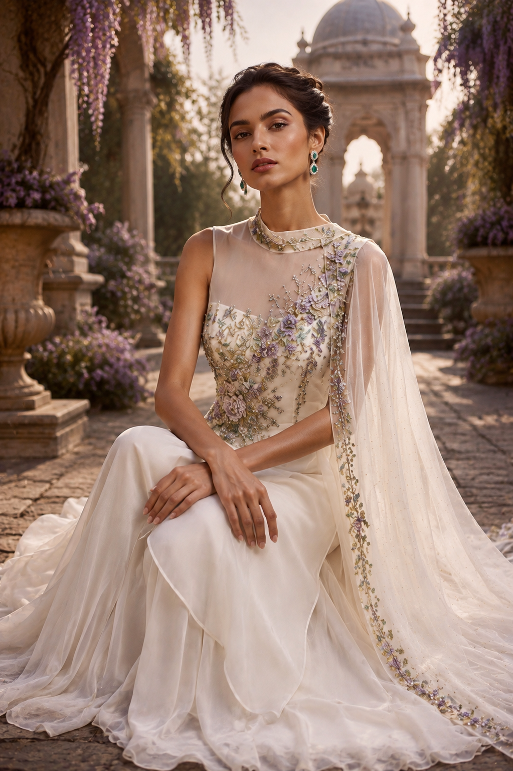 Seated view of ivory and antique gold draped couture ensemble from Vestara by Alia Qureshi Atelier