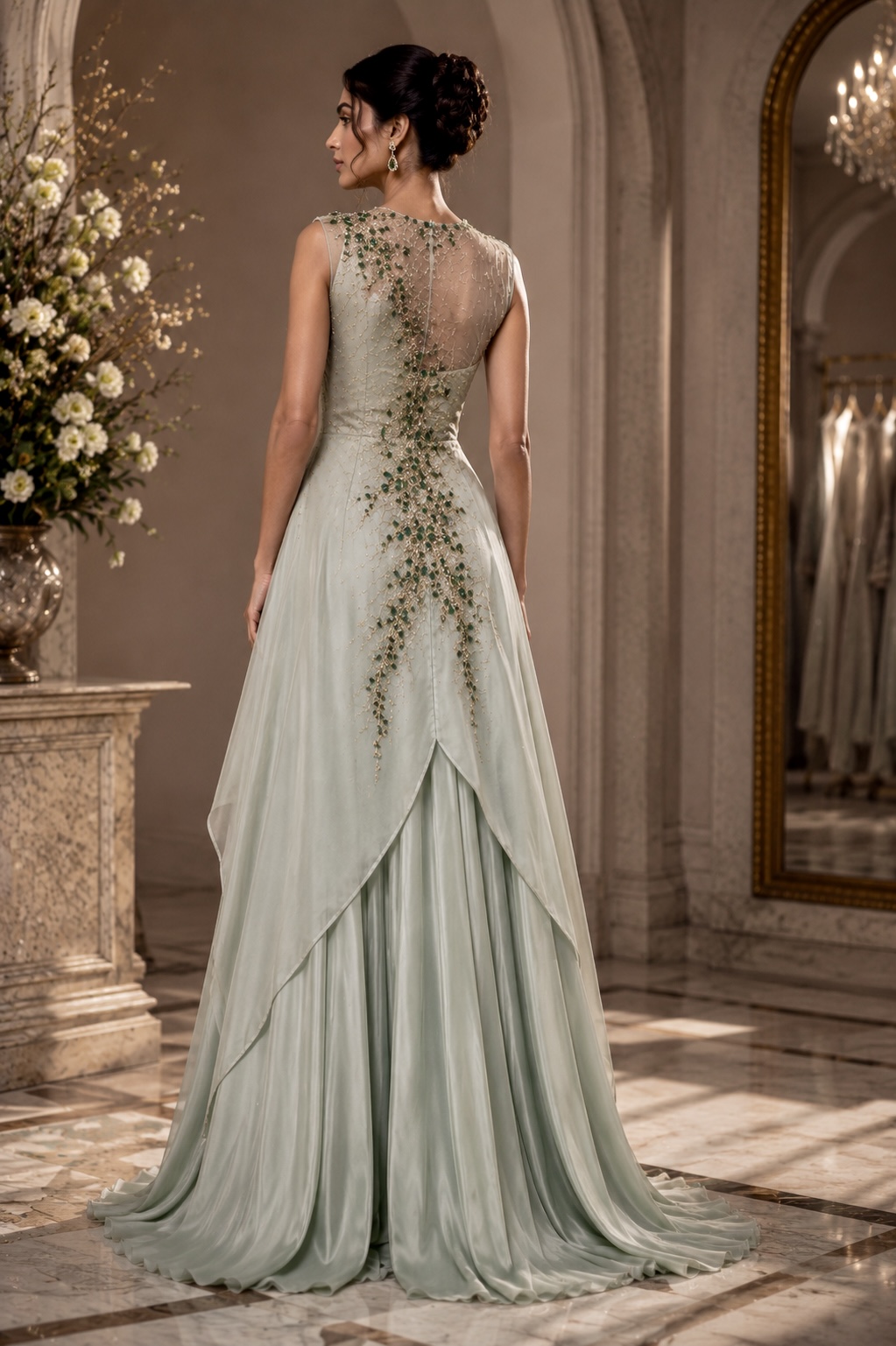Back view of sage silk couture ensemble with embroidered cape from Verdant Reverie by Alia Qureshi Atelier